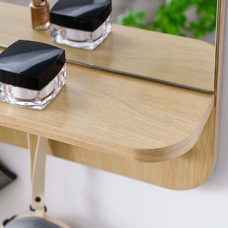 Hollow Modern Oak Wall Mirror with Shelf and Hooks
