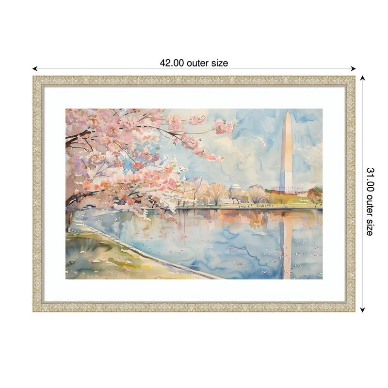 Cherry Blossoms Cityscape by Tradelink inhouse artist Wood Framed Wall Art Print - Lila Silver - 42 x 31 in