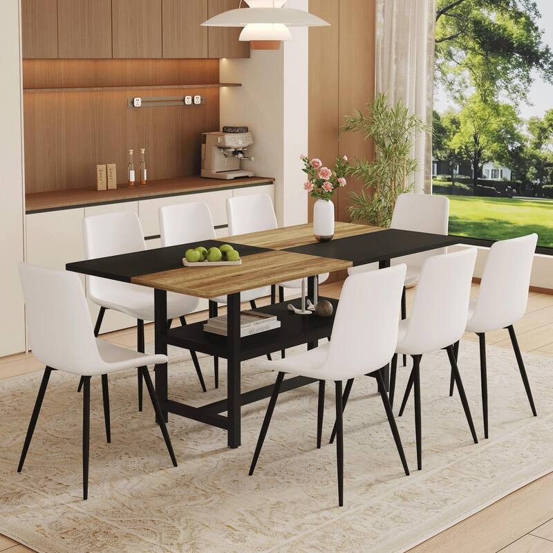 Roomfitters 7/9pcs Wood and Black Spliced Dining Table Set with Storage Base and Curved PU Chairs, White