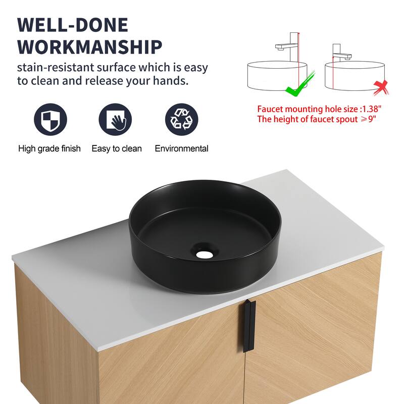 36" Wall-Mounted Bathroom Vanity With Ceramic Art Sink, and Storage Shelves, Soft-Close Door, KD-Packing, Plywood