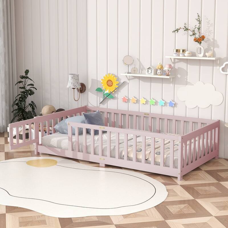 Twin Size Floor Bed with Fence and Door, Safety Guardrails