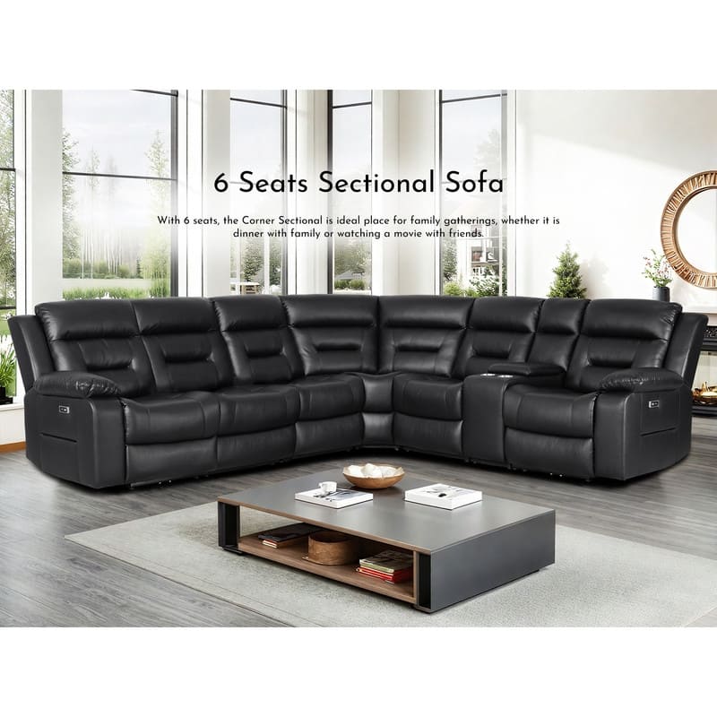 119'' Faux Leather Power Recliner 6-Seat Large Sectional Reclining Sofa with USB Port