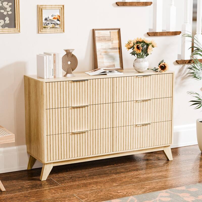 Oak Finish 6-Drawer Double Dresser Grid Chest P2 Particleboard+MDF With Melamine&Vacuum Forming 47.22"W