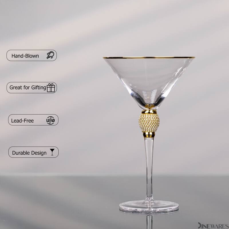 Premium Clear Stem Crystal Martini Glasses with Rim and Diamond-like Rhinestones, Elegant 10oz Glassware Set for Cosmopolitan