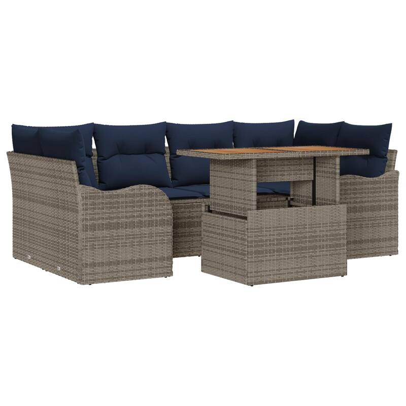 vidaXL 7 Piece Garden Sofa Set with Cushions Grey Poly Rattan Acacia - 92.1 x 48.2 x 27.2