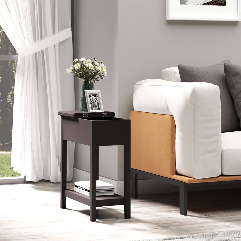 Narrow Side Table with Flip Top with Bottom Shelf, Dark Coffee