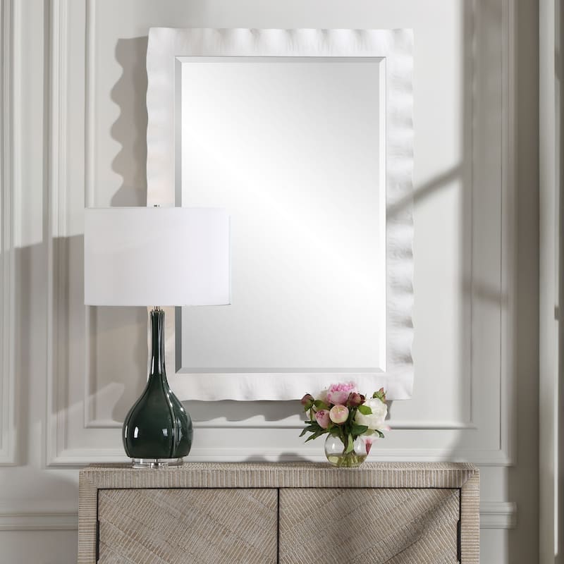 Scalloped Framed Beveled Wall Mirror 40" Semi Gloss White Finish