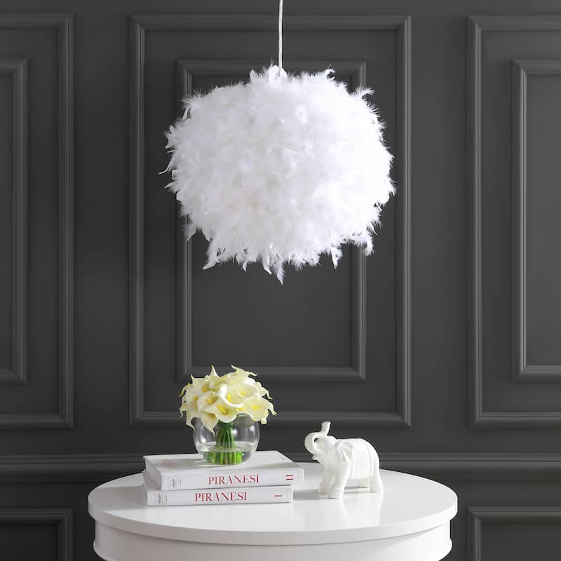 Simon 19" Feather Metal Adjustable LED Pendant, White by JONATHAN Y