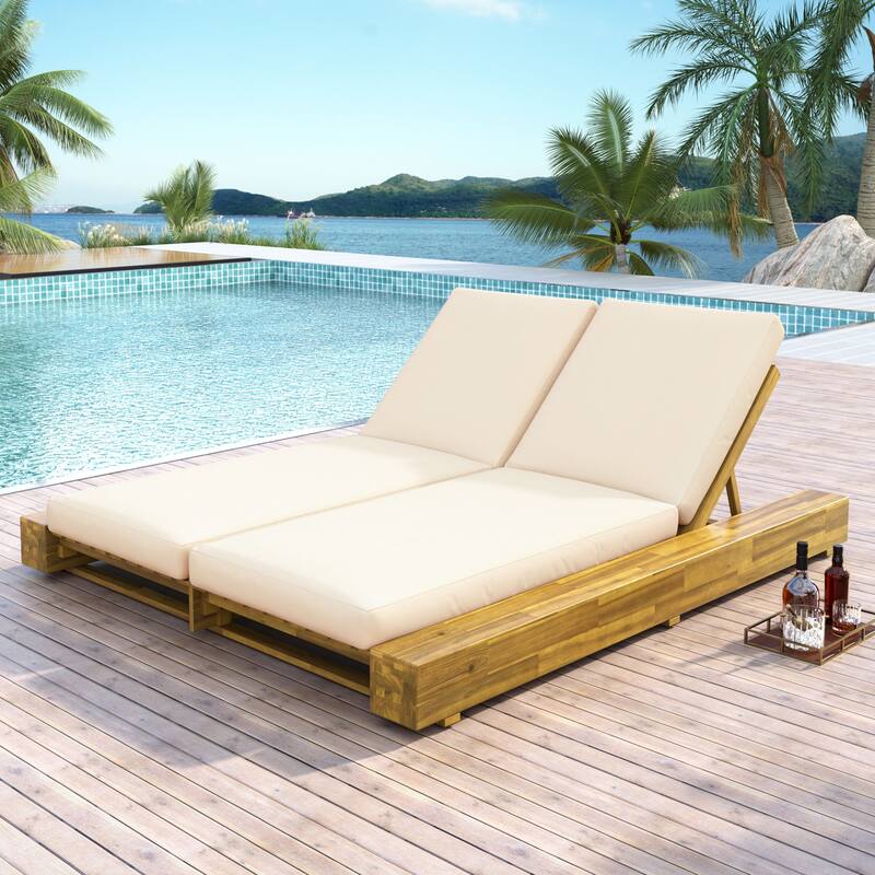 Christopher Knight Home - Thalric Outdoor Acacia Wood Double Chaise Lounge with Adjustable Backrest and Optional Cushions - Teak Finish with White Cushion