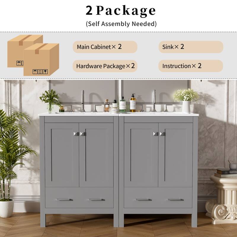 GDFStudio - Transitional Double Bathroom Vanity Set, Dual Undermount Sink, Soft-Close Doors & Double-Layer Door Shelf, Set of 2