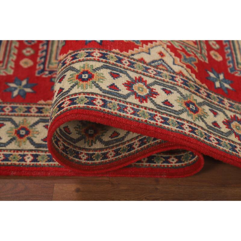 Geometric Kazak Runner Rug Hand-Knotted Red Wool Carpet - 2'9" x 9'4"
