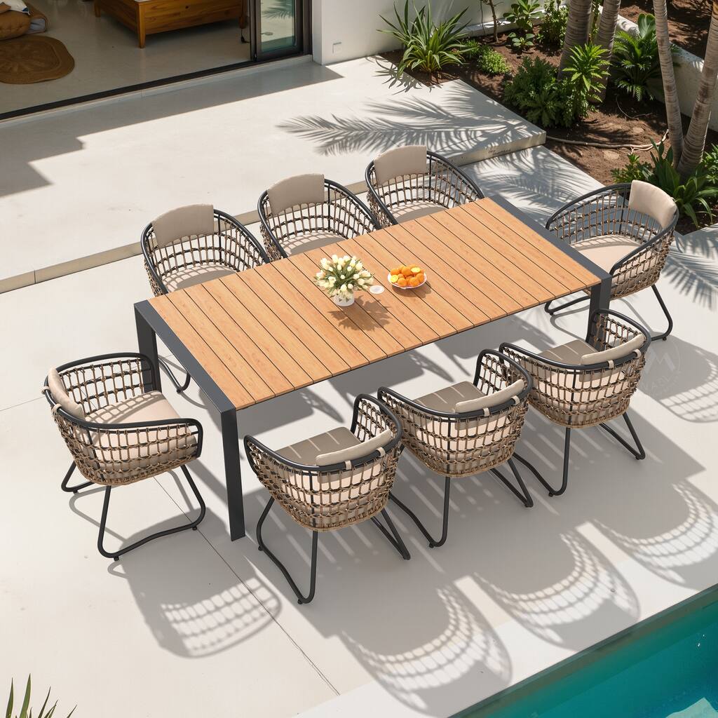 Outdoor Patio Dining Set Aluminum Table with Umbrella Hole with Rattan Chairs