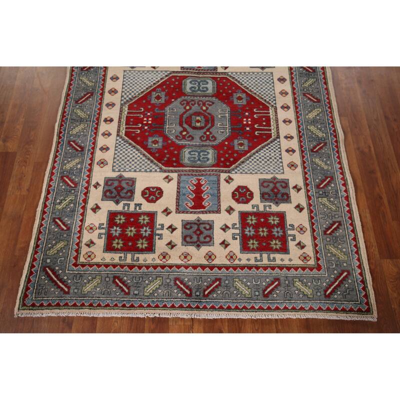 Kazak Oriental Area Rug Hand-Knotted Traditional Beige Wool Carpet - 4'2" x 5'7"