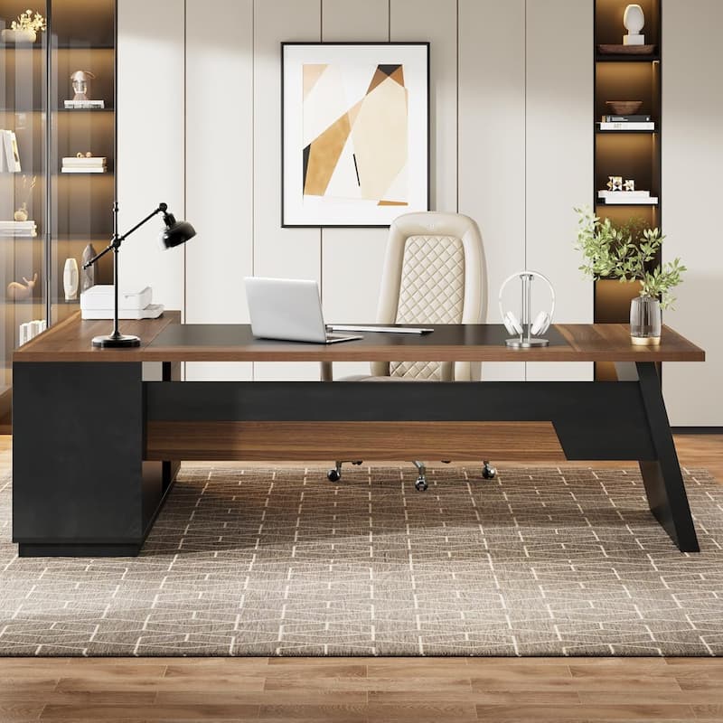 78.7-Inch L-Shaped Executive Desk Computer Desk with File Cabinet - Brown and Black