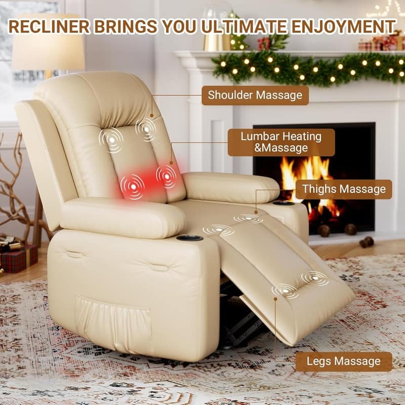 Power lift recliner chair with massage, cup holders, and side pocket. -  22" Seat Width Beige