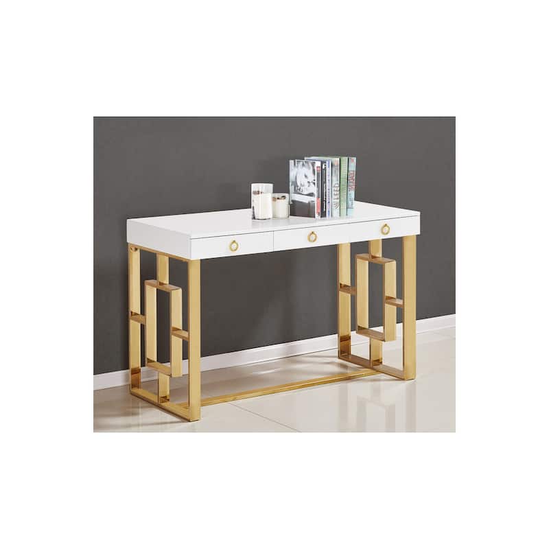 3-Drawer Writing Desk - Gold & White Finish - Modern Poplar Wood Desk with Stainless Steel Legs