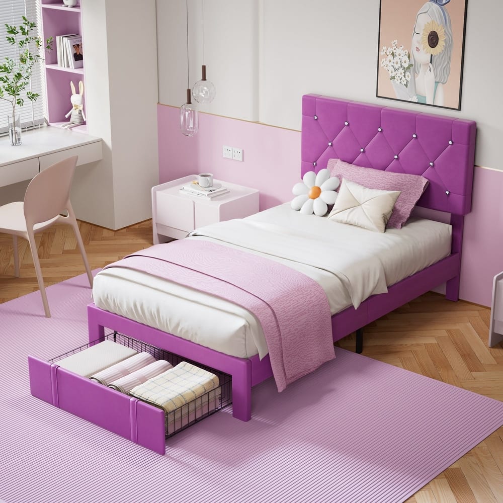 VECELO Bed Frame with Storage Drawers Leather Upholstered with Diamond Tufted Headboard Solid Wood Slat Support