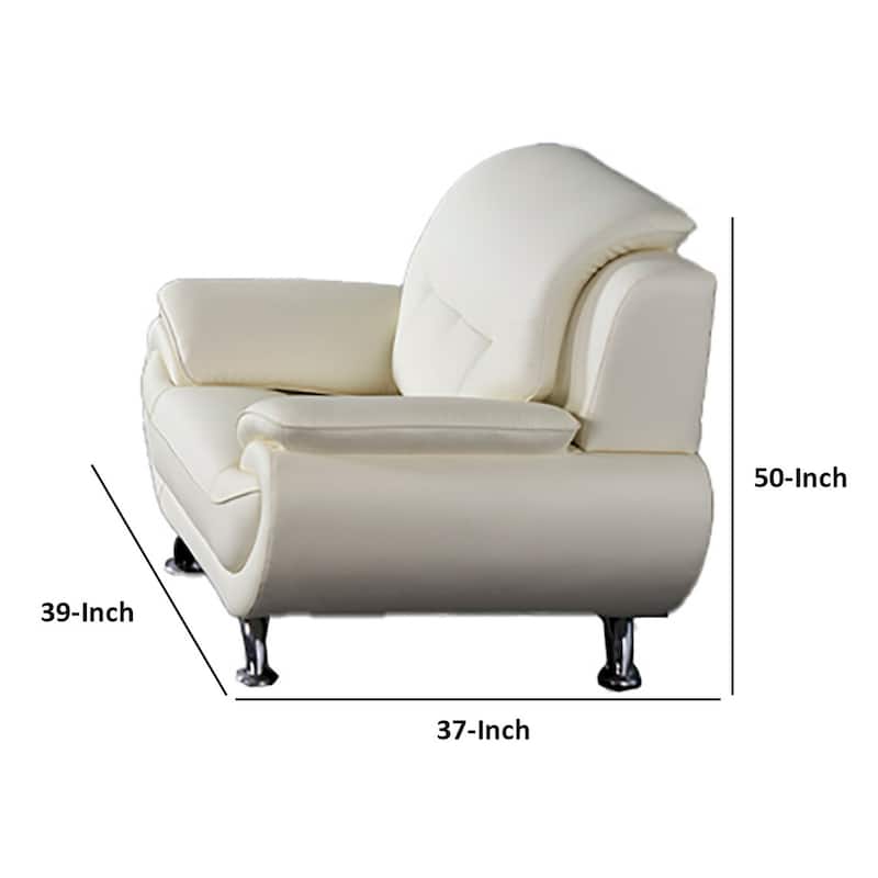 Olaf 50 Inch Sofa Chair, Tufted Ivory Faux Leather, Chrome Metal, Wood