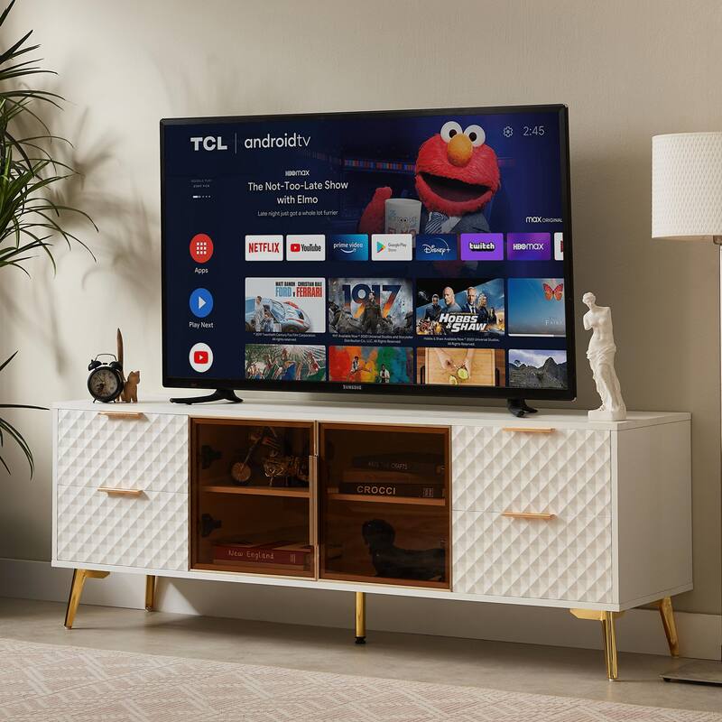 Modern TV Stand with Storage Drawers & Glass Doors