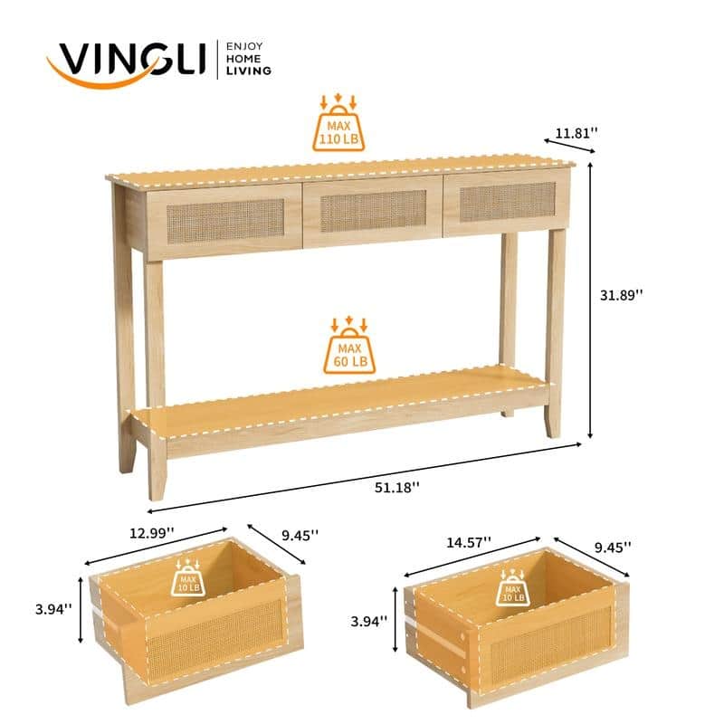 VINGLI Natural Wood Color 2-Layer 3-Drawer MDF Wicker Surface Entry Table