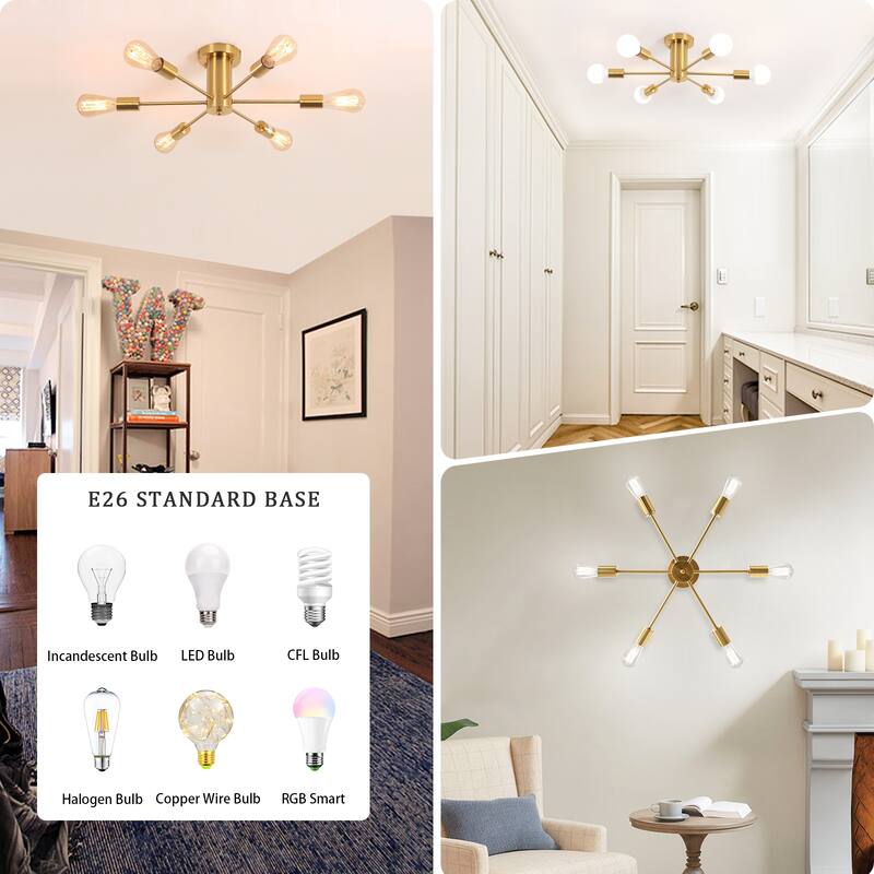 6-Light Mid Century Semi Flush Mount Chandelier for Dining Room