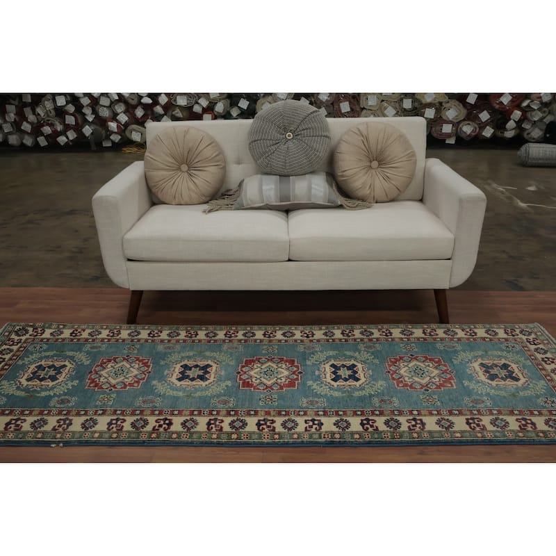 Hand Knotted Oriental 100% Wool Carpet Traditional Geometric Navy Blue & Blues Kazak Runner Rug - 7' 11'' X 2' 8''