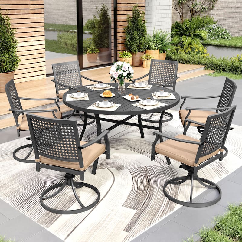 MAISON ARTS 7-Piece Patio Dining Set , Large Round Dining Table with Umbrella Hole & Metal Swivel Dining Chairs - Swivel Chair