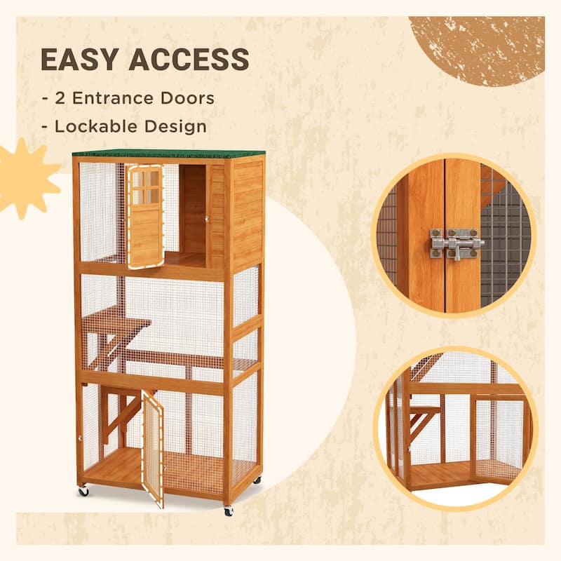 PawHut 74" Wooden Outdoor Cat House Catio Outdoor Cat Enclosure, Light Gray