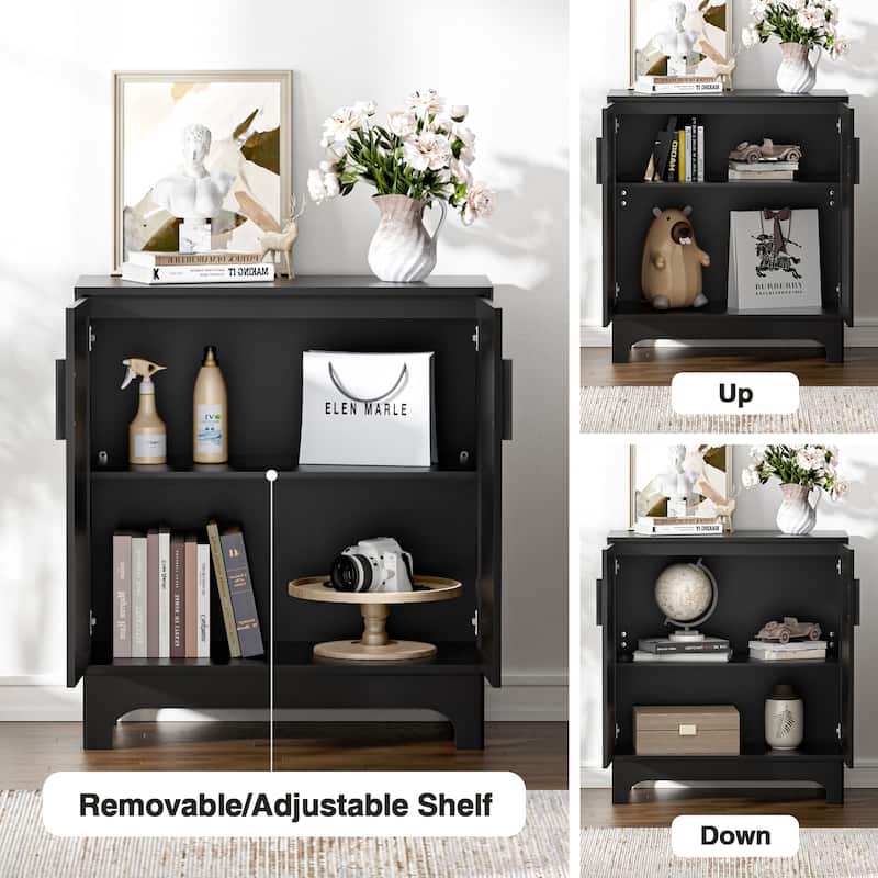 Anmytek Modern 2-Door Black Buffets Sideboards Rattan Kitchen Storage Cabinet with Adjustable Shelf - 31.5" W x 15.7" D x 35" H