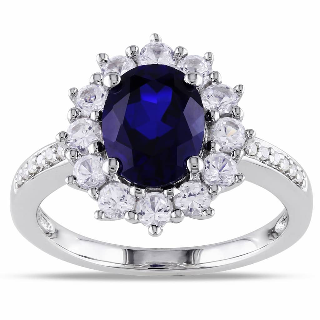Miadora 4ct TGW Created Blue and White Sapphire Diamond Halo Ring Sterling Silver