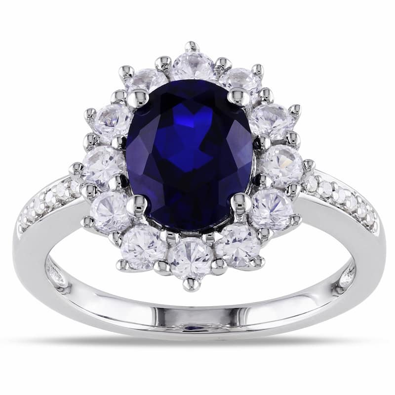 Miadora 4ct TGW Created Blue and White Sapphire Diamond Halo Ring Sterling Silver