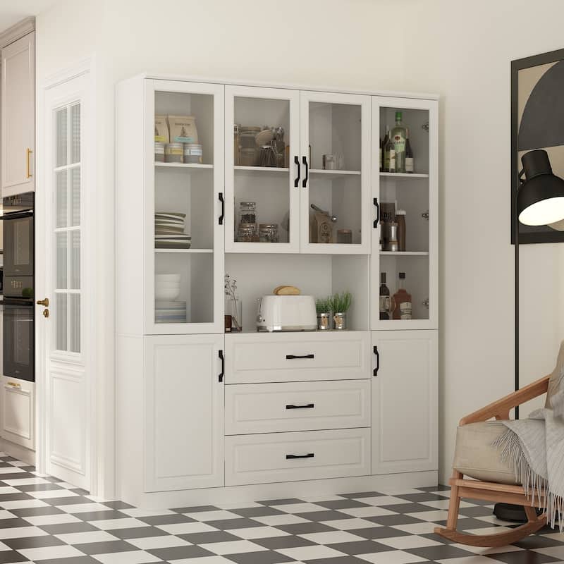 Large White Buffet Elegant Kitchen Cabinet with Glass Doors Dislplay - 63"