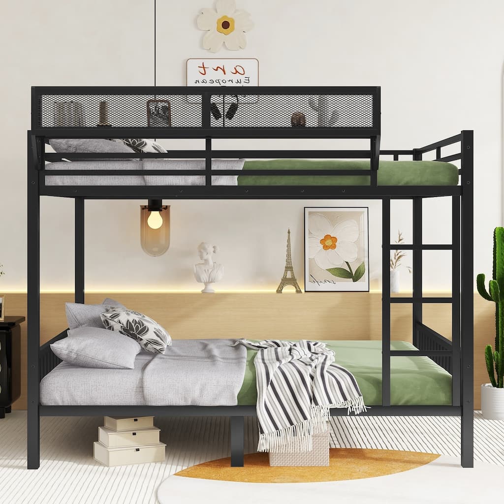 Queen Over Queen Metal Bunk Bed with Ladder & Storage Shelf for Adults and Teens