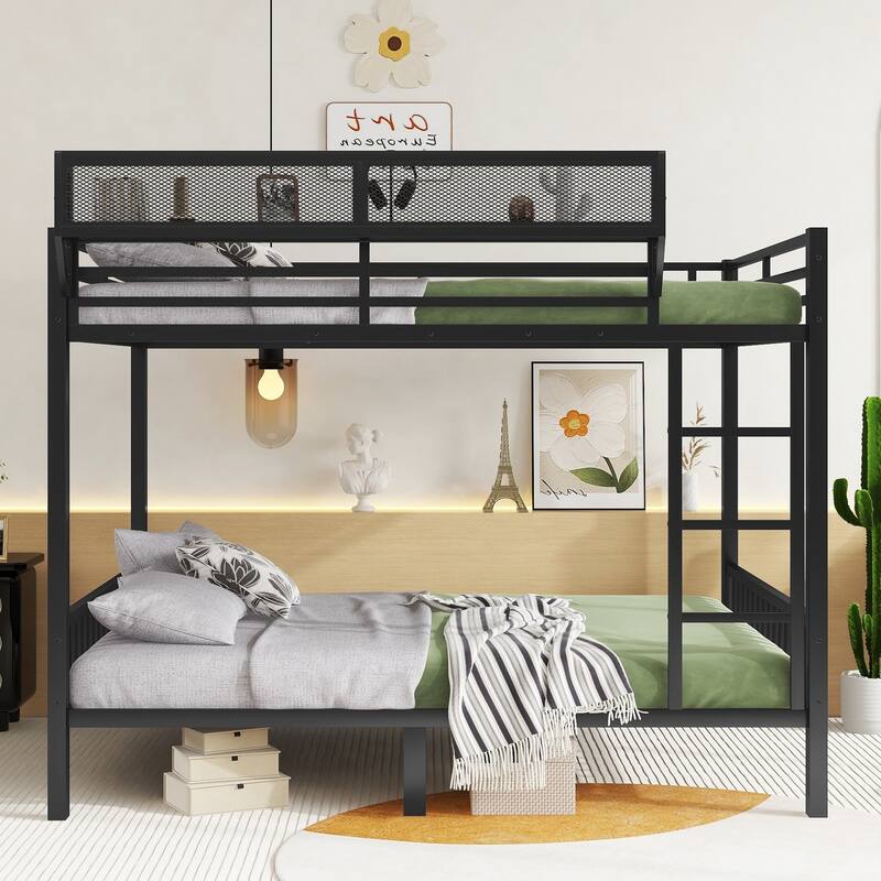 Queen Over Queen Size Metal Bunk Bed Frame with Ladder and Bedside Storage Rack Shelf for Adults Teens, Black Platform Bed Frame