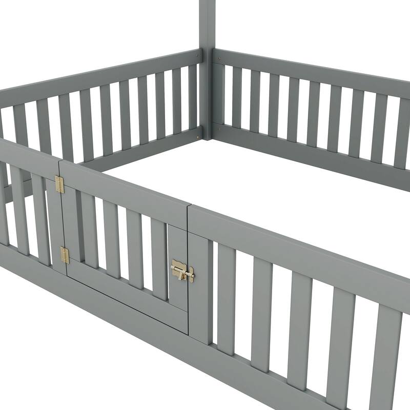 Roomfitters Full Size Wood House Bed with Fence Guardrails and Door, Distressed Gray