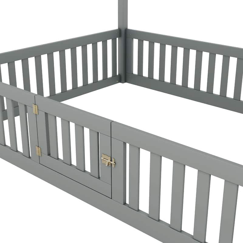 Twin Size Wood House Bed with Fence and Door