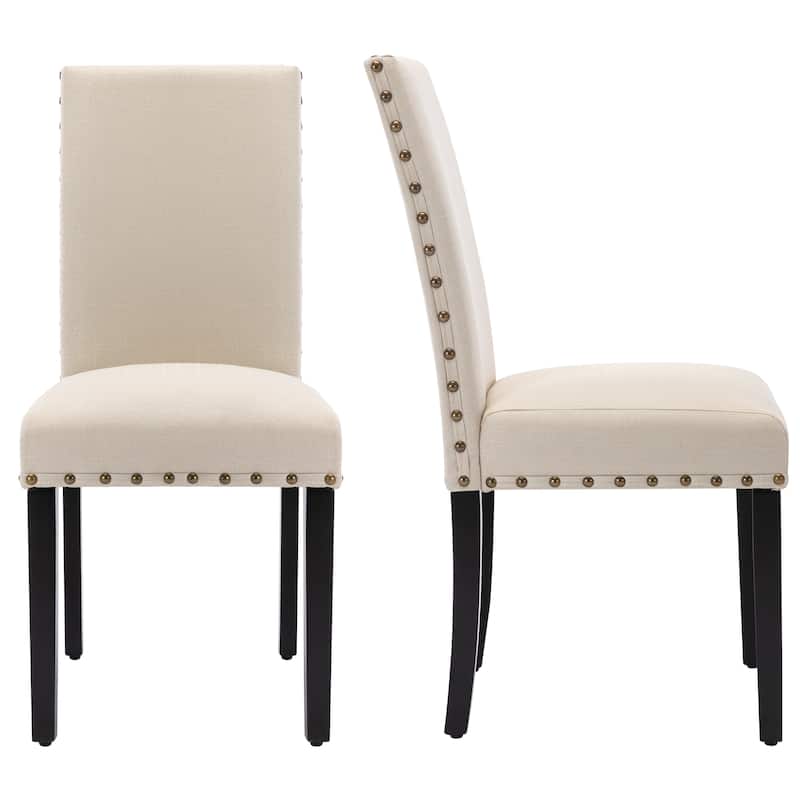 Fabric Upholstered Nailhead Trim Parsons Dining Chairs Set of 2 - Beige-2-Piece