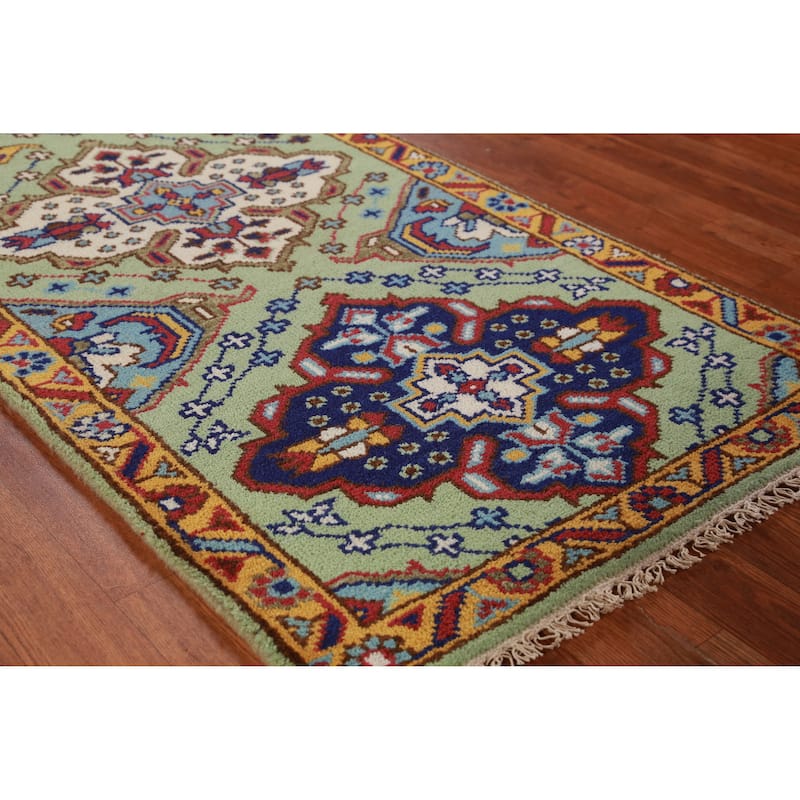 Light Green Kazak Indian Runner Rug Hand-Knotted Wool Carpet - 2'7" x 9'8" - 2'7" x 9'8" - Green