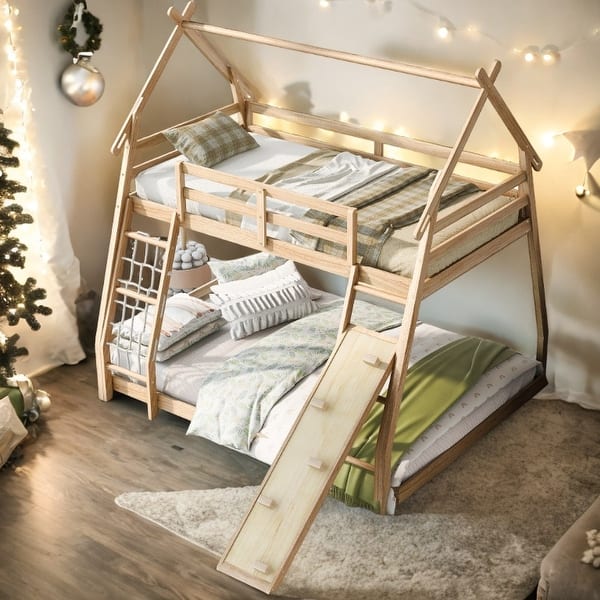 slide 2 of 31, Twin over Queen House Bunk Bed with Climbing Nets and Climbing Ramp Natural