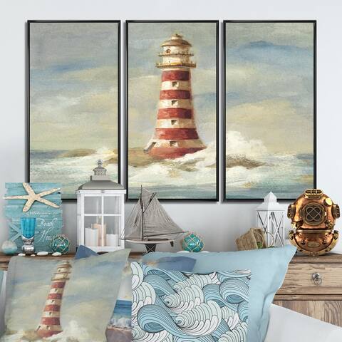 Designart "Ocean Lighthouse" Nautical & Coastal Framed Wall Decor Set of 3 - 4 Colors of Frames
