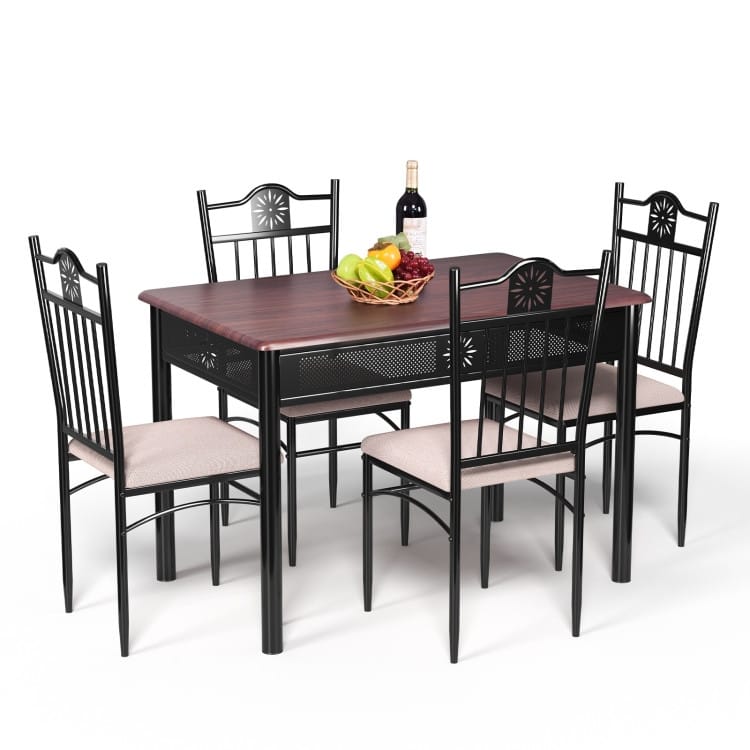 5 pcs Dining Set Wood Metal Table and 4 Chairs with Cushions