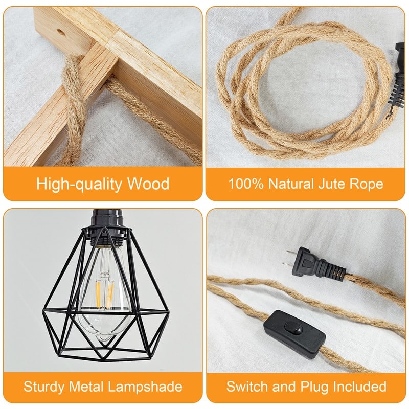 Rustic Plug-In Wall Sconce With Wood Shelf, Hanging Lamp With On/Off Switch, For Farmhouse Bedroom, Hallway, Living Room