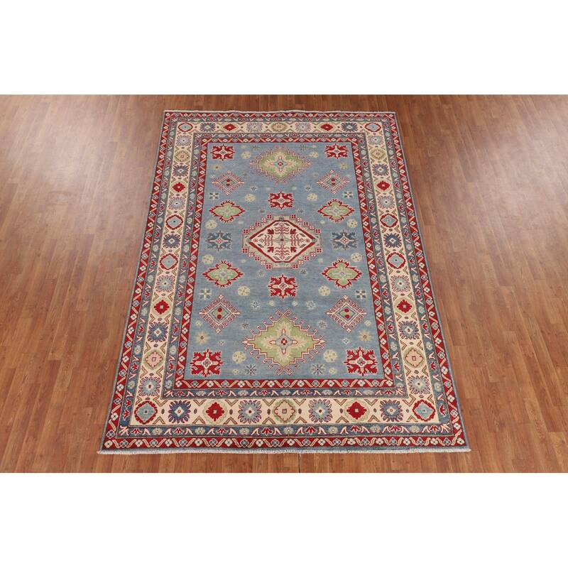 Light Blue Kazak Area Rug Living Room Hand-Knotted Wool Carpet - 6'8" x 9'9"