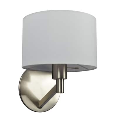 Brushed Nickel Base Wall Lamp with Rotary Switch White Fabric Shade