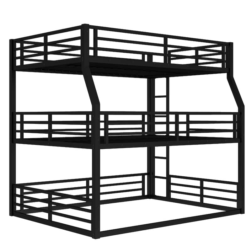 Roomfitters Full over Queen over Queen Metal Triple Bunk Bed with Safety Guardrails, Heavy-Duty Noise-Reduced Frame, Black