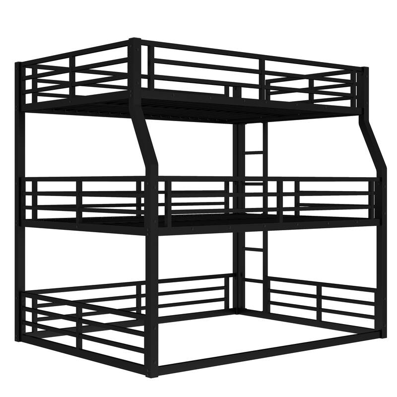 Space-Saving Metal Triple Bunk Bed with Safety Guardrails, Full/Full XL over Queen over Queen, Heavy-Duty Black Frame