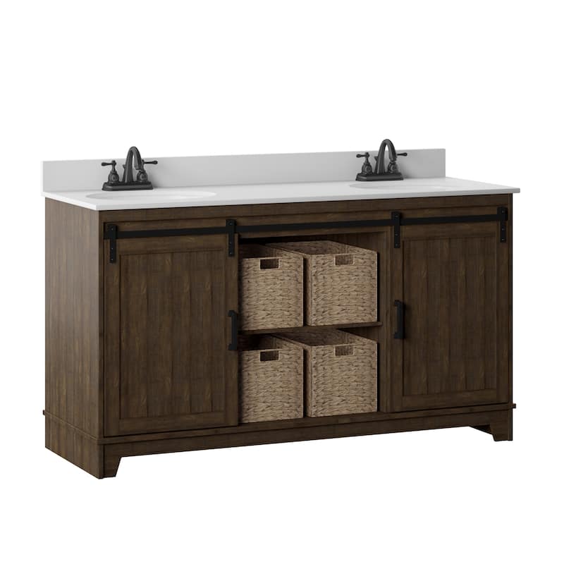 60" Sliding Barn Door Double Sink Bathroom Vanity with 4 Woven Baskets