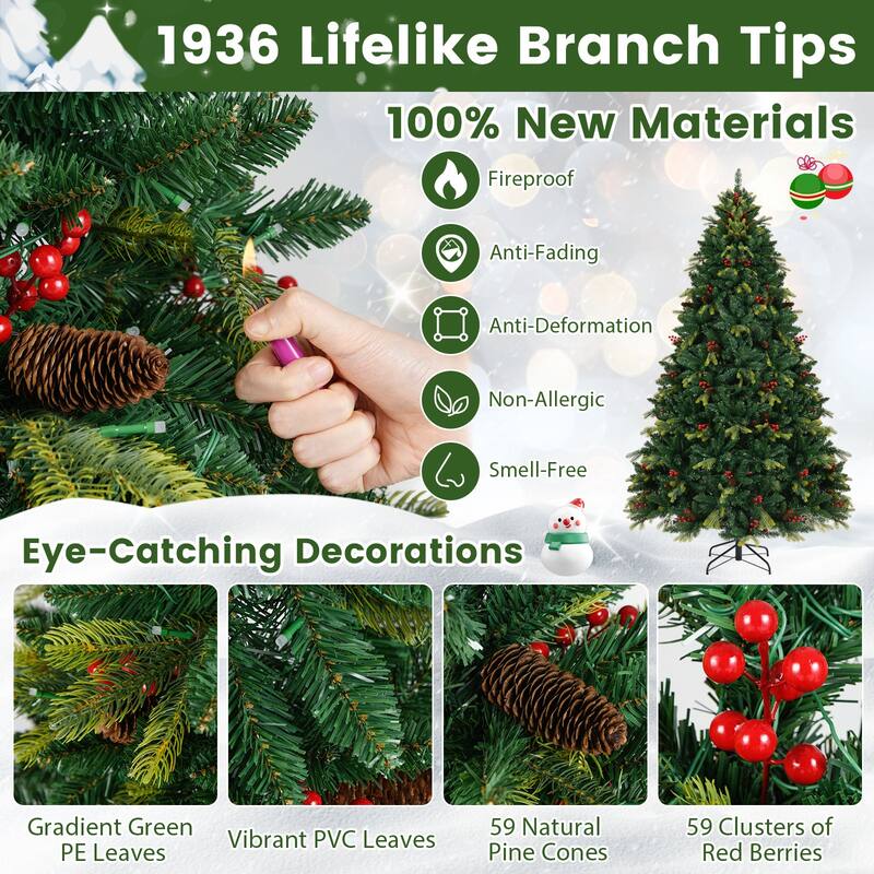 Costway 5/6/7/8 FT Artificial Christmas Tree with 250/370/500/650 RGB - Green - See Details