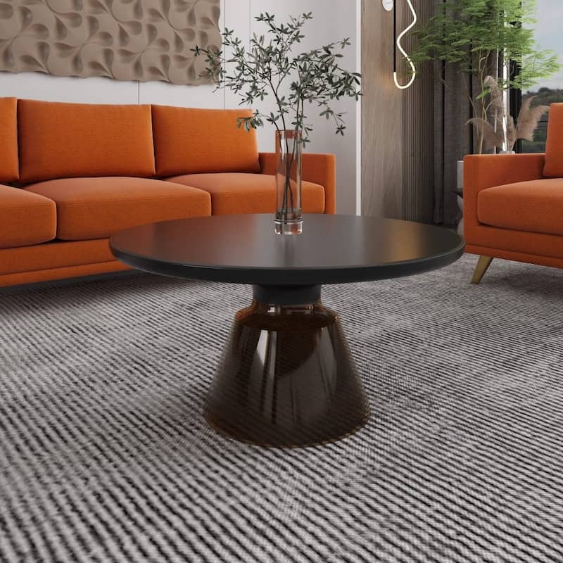 Tully Modern Round Coffee Table Glass/Stone Tabletop with Black Iron Rim Frame & Glass Pedestal Base for Living or Bed Room