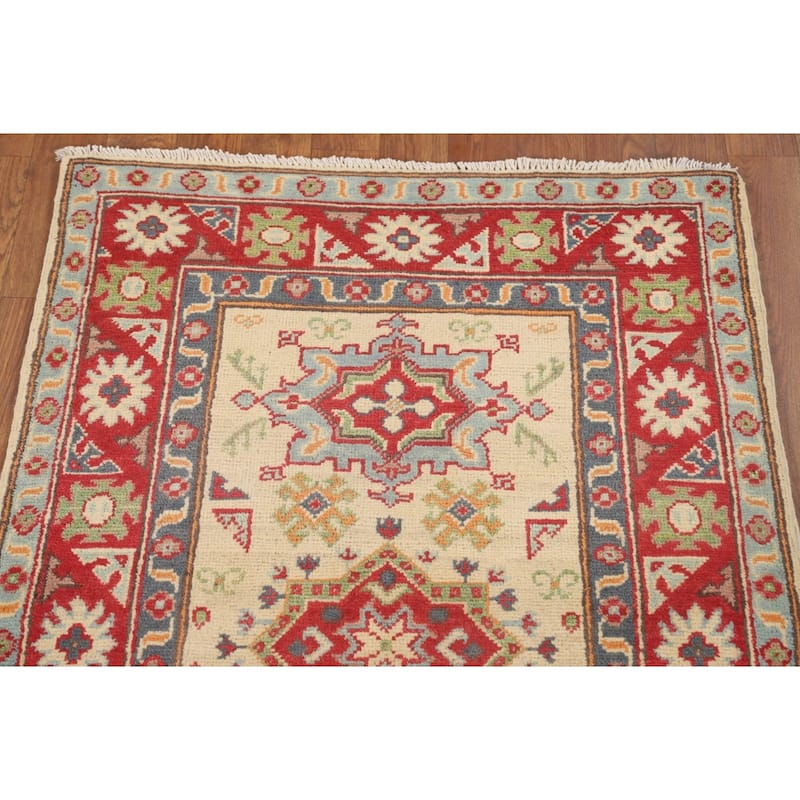 Geometric Yellow Kazak Accent Rug Handmade Traditional Wool Carpet - 2'8" x 4'0"
